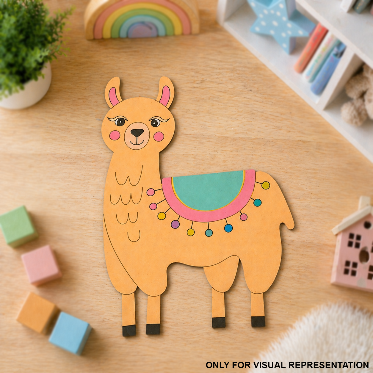 MDF DIY  Colorful llama-shaped paper cutout on a wooden surface with toys in the background