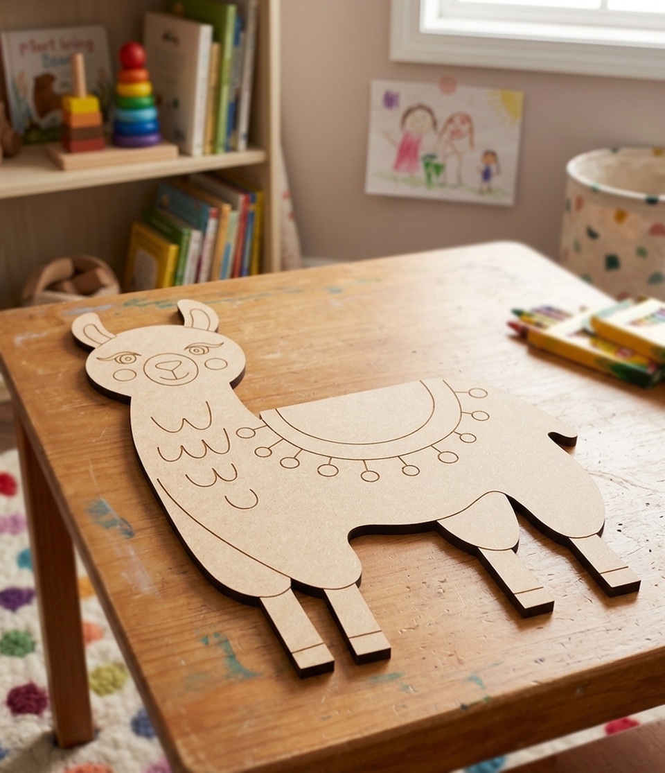 MDF DIY  llama puzzle on a child's table with books and toys in the background