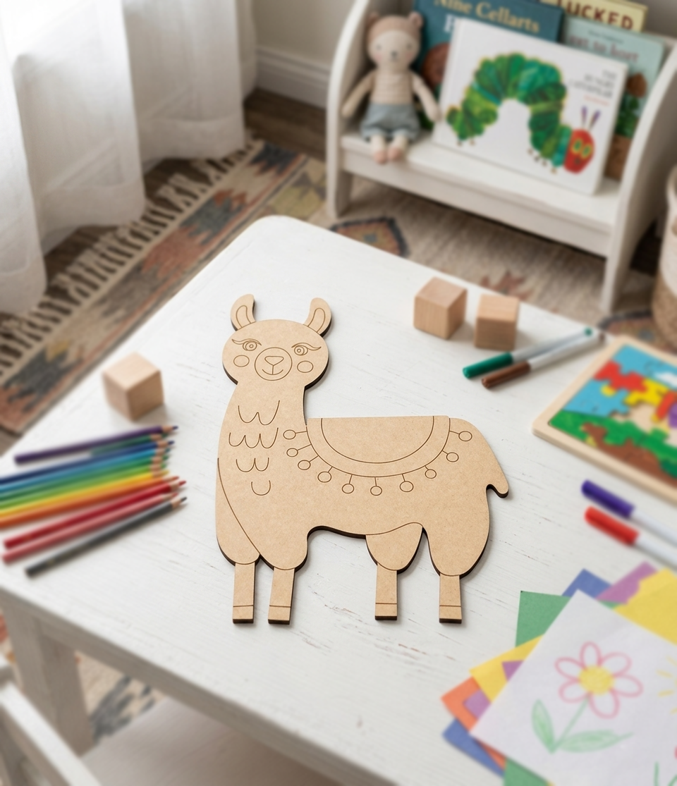 MDF DIY  llama toy on a child's table with coloring books and crayons in a playroom setting.
