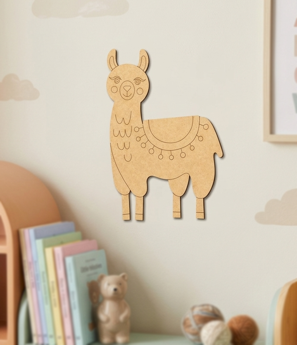MDF DIY  llama wall decoration in a child's room with books and toys.