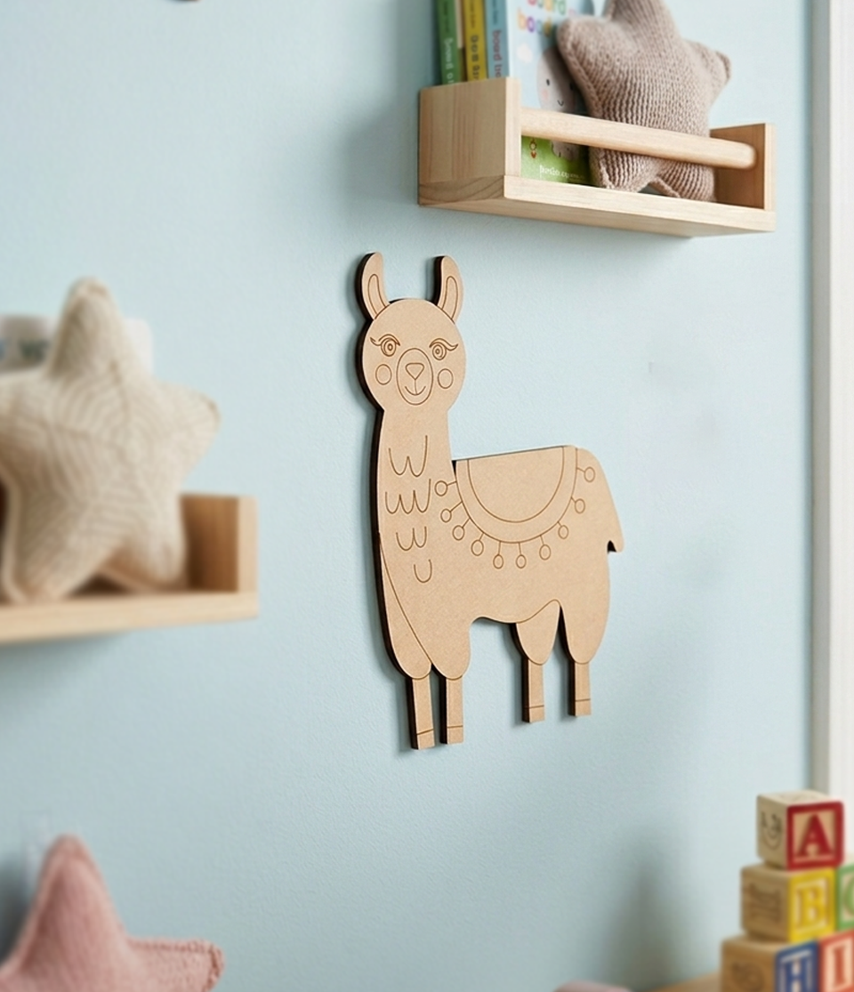 MDF DIY  llama decoration on a light blue wall with shelves and toys in the background