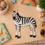 MDF DIY  zebra toy on a wooden surface with colorful toys and books around