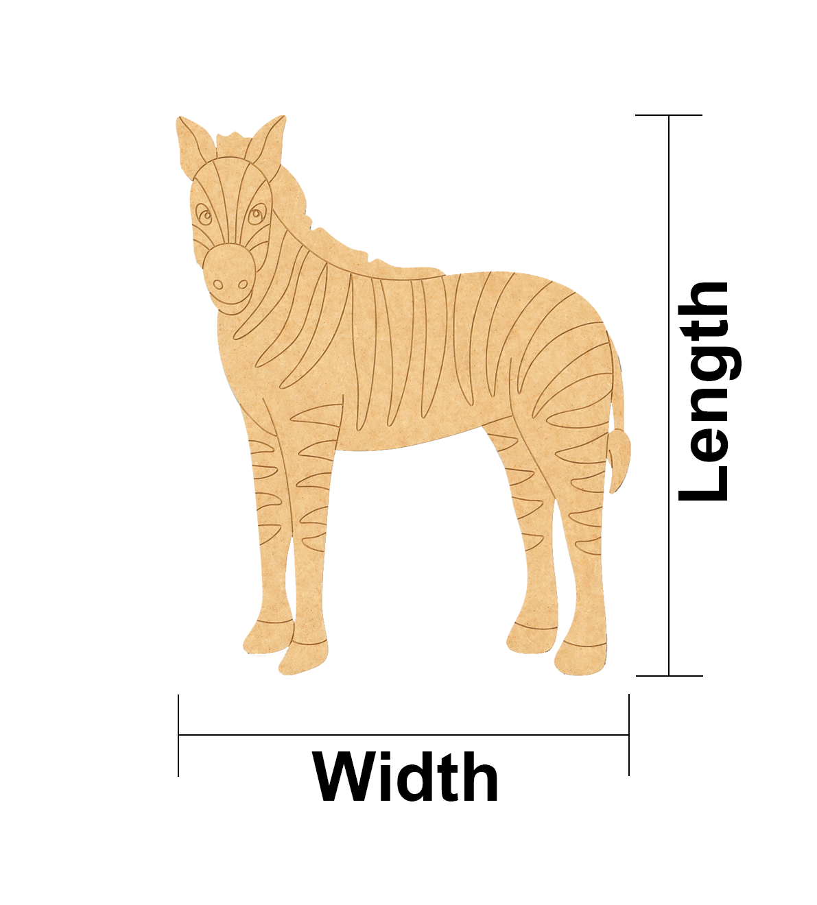 MDF DIY zebra cutout with measurements labeled on a white background