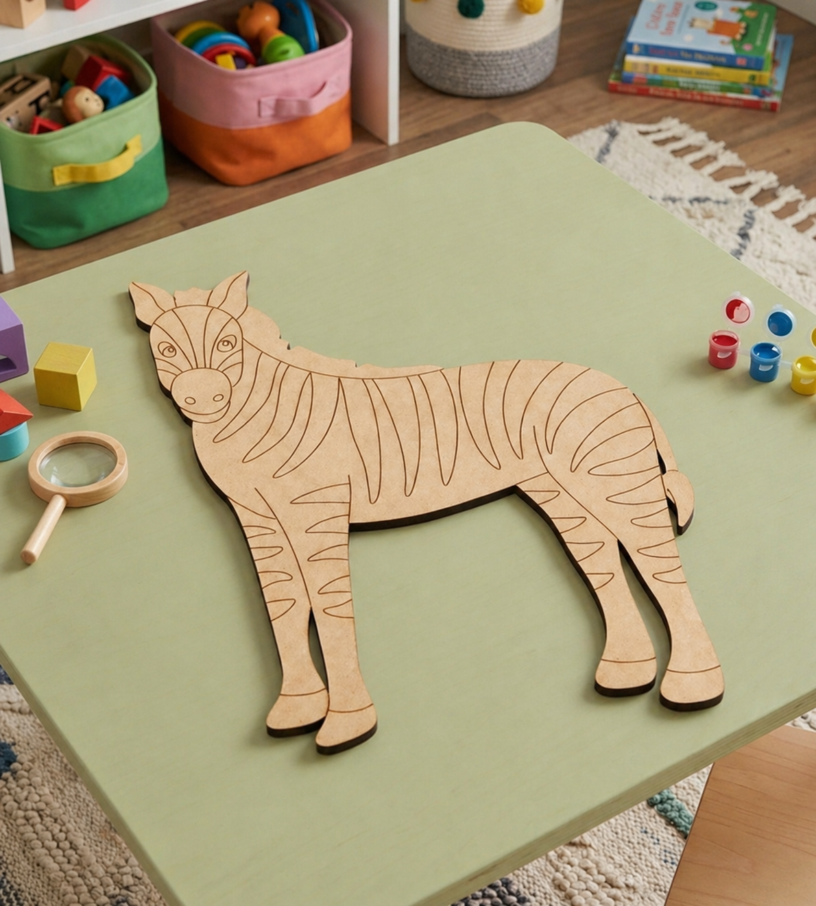 MDF DIY  zebra puzzle on a green table with toys in the background
