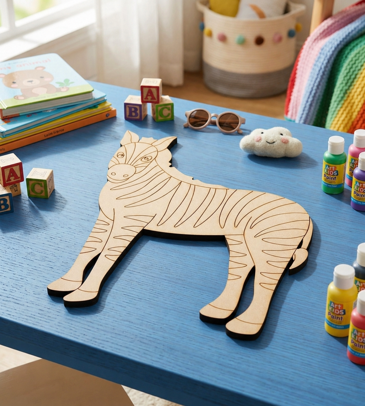 MDF DIY  zebra toy on a blue table with children's items around