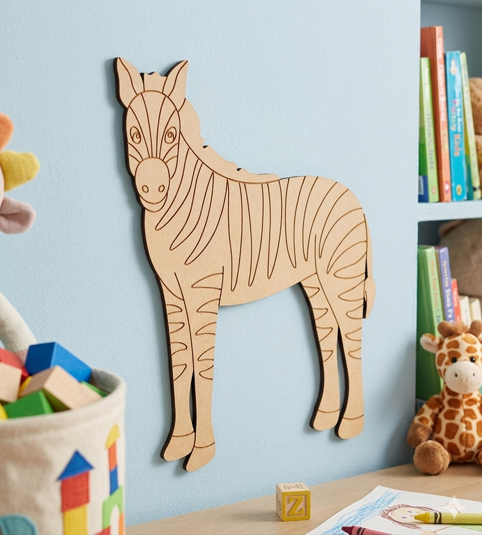 MDF DIY  zebra wall decoration in a child's room with books and toys. 