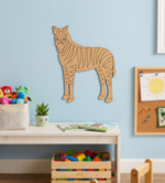 MDF DIY  zebra wall decoration in a child's room with toys and a table.