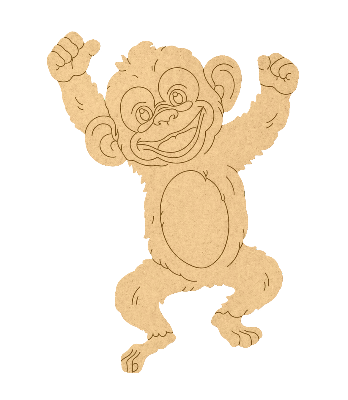 DIY MDF  monkey cutout with raised arms on a white background