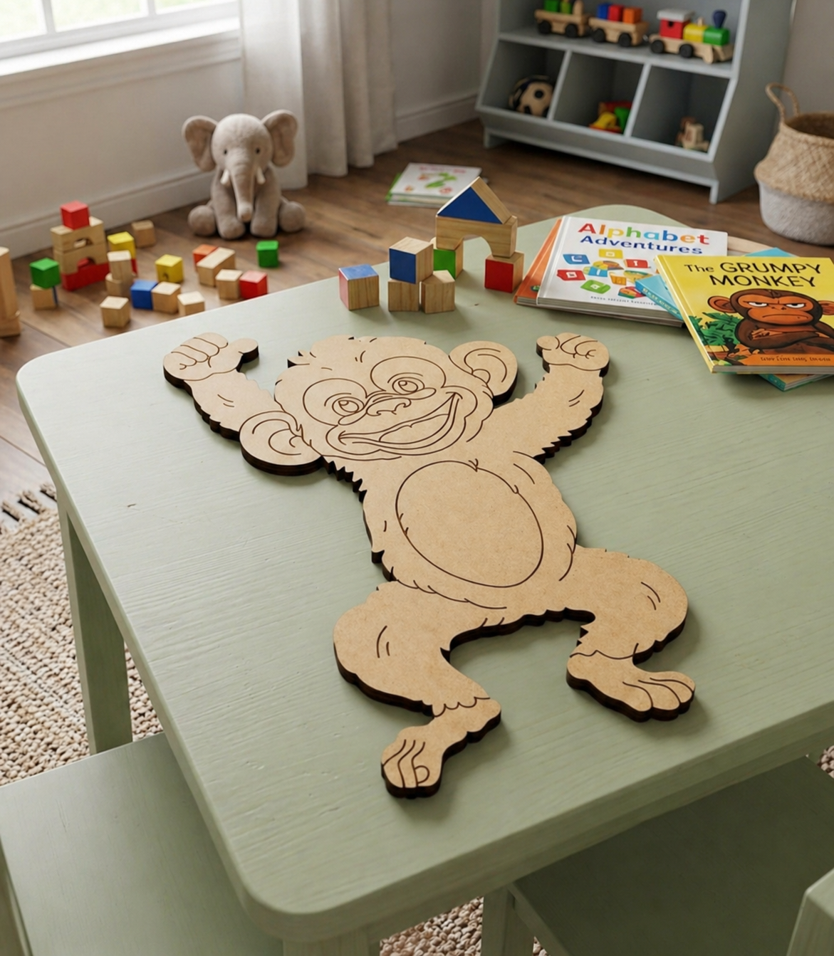 Wooden monkey puzzle on a children's table with toys and books in the background