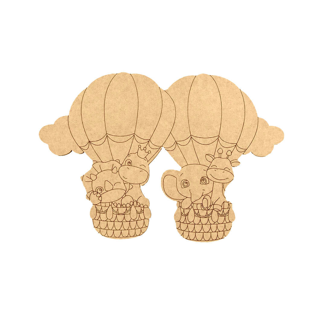Two DIY MDF  cutouts of hot air balloons with teddy bears inside on a white background