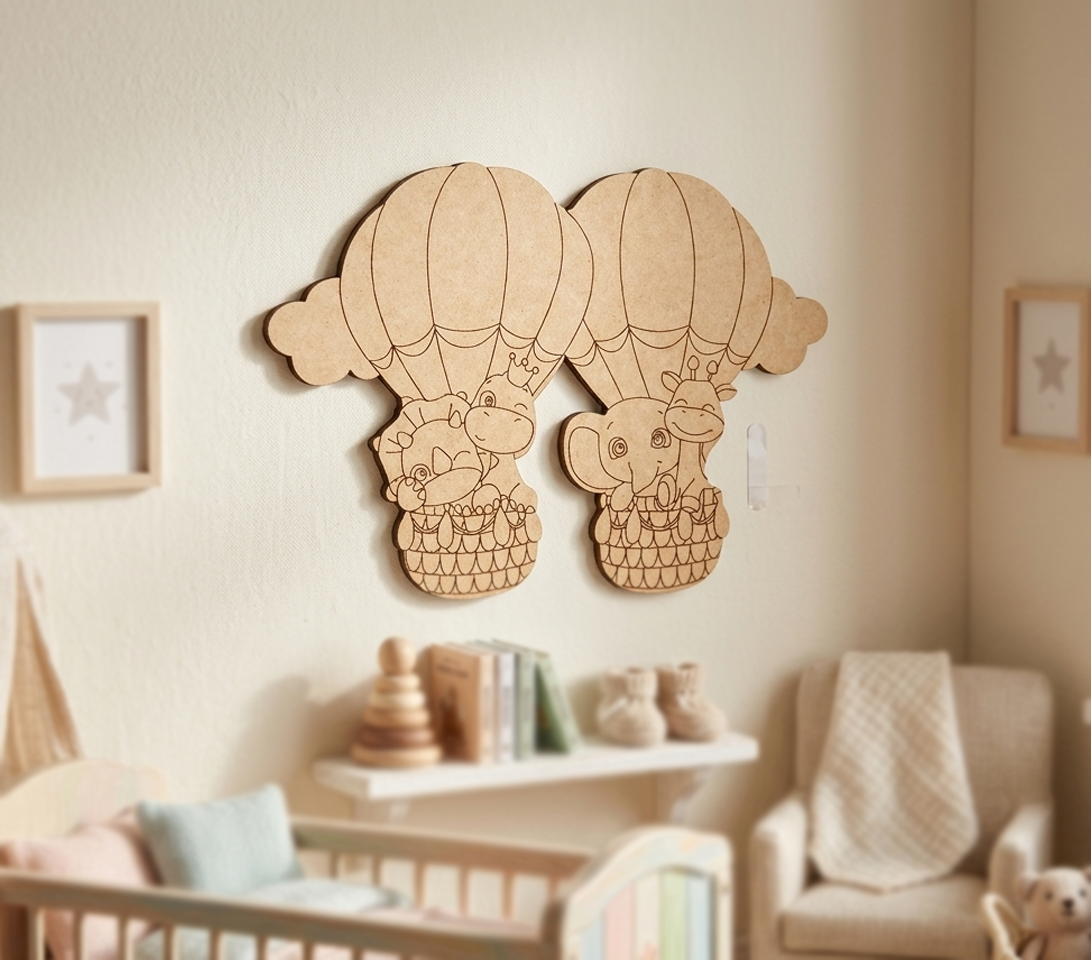 DIY MDF  animal cutout with elephants and hot air balloons in a nursery setting.