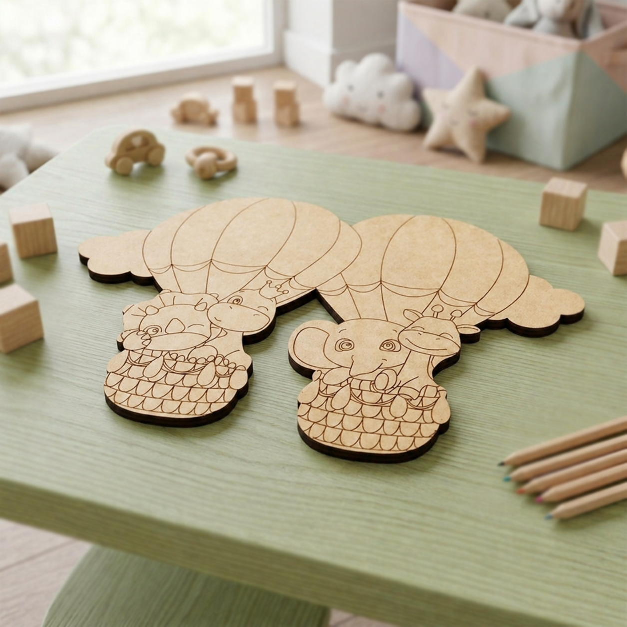 DIY MDF animal cutout on a green table with toys in the background