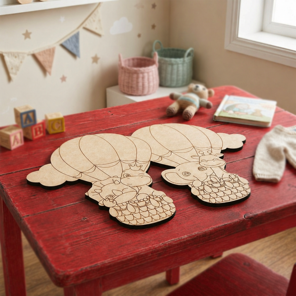 DIY MDF animal cutout  on a red table in a child's room with books and alphabet blocks.