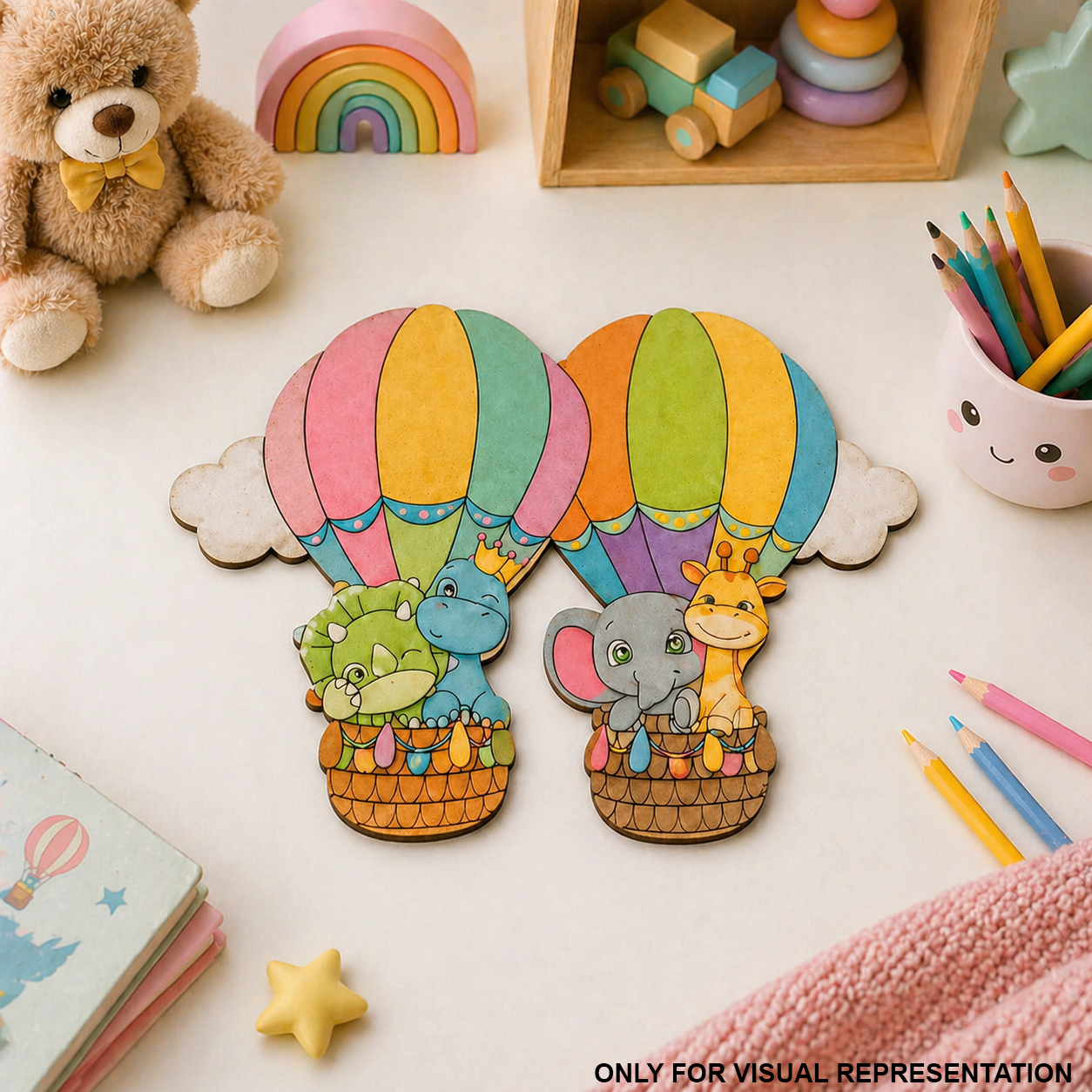 Colorful hot air balloon bookmarks with animals on a table with toys and stationery.