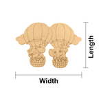DIY MDF  cutout of two elephants in a hot air balloon with measurements labeled on a white background.