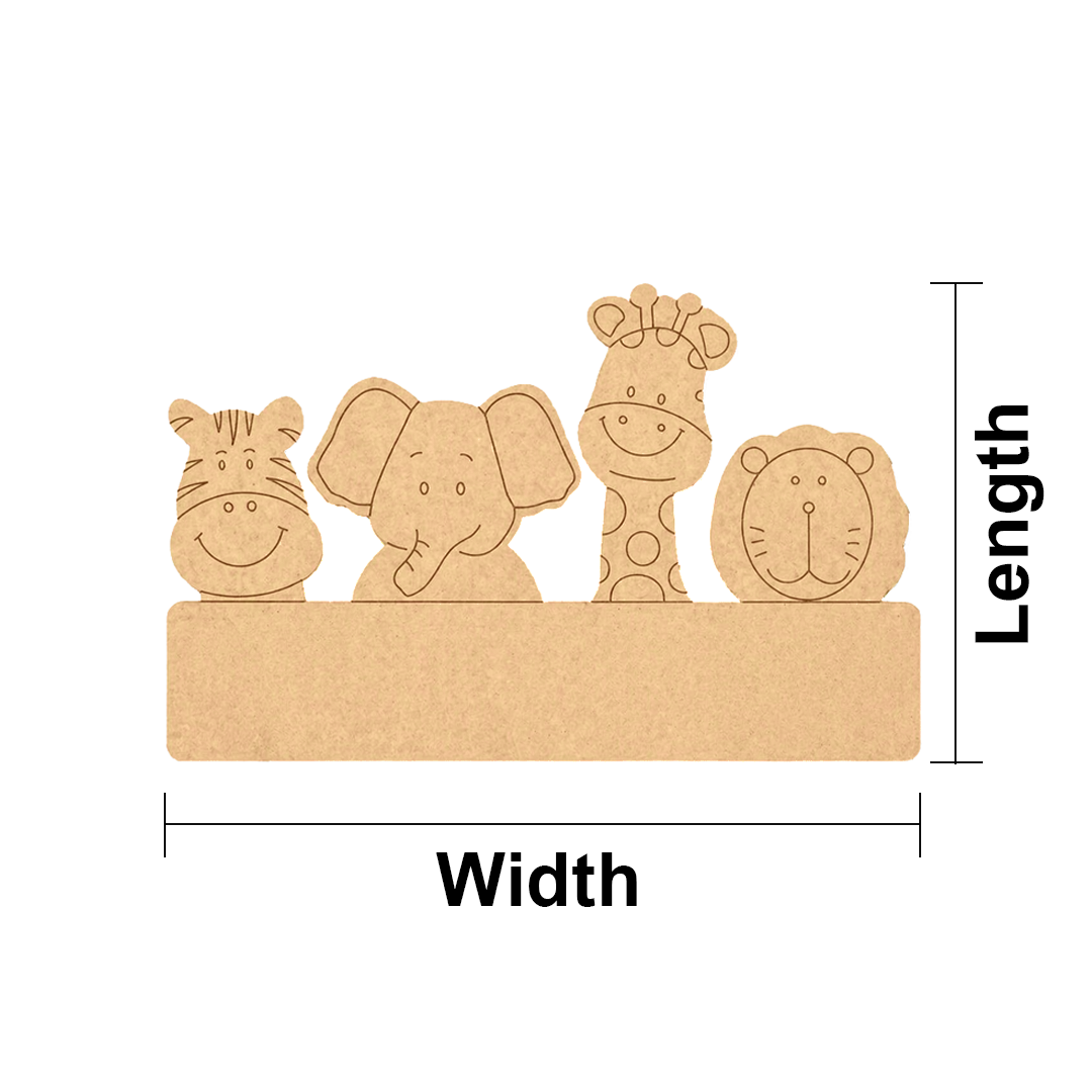 DIY MDF  animal cutouts with a blank board for customization, showing measurements on a white background.
