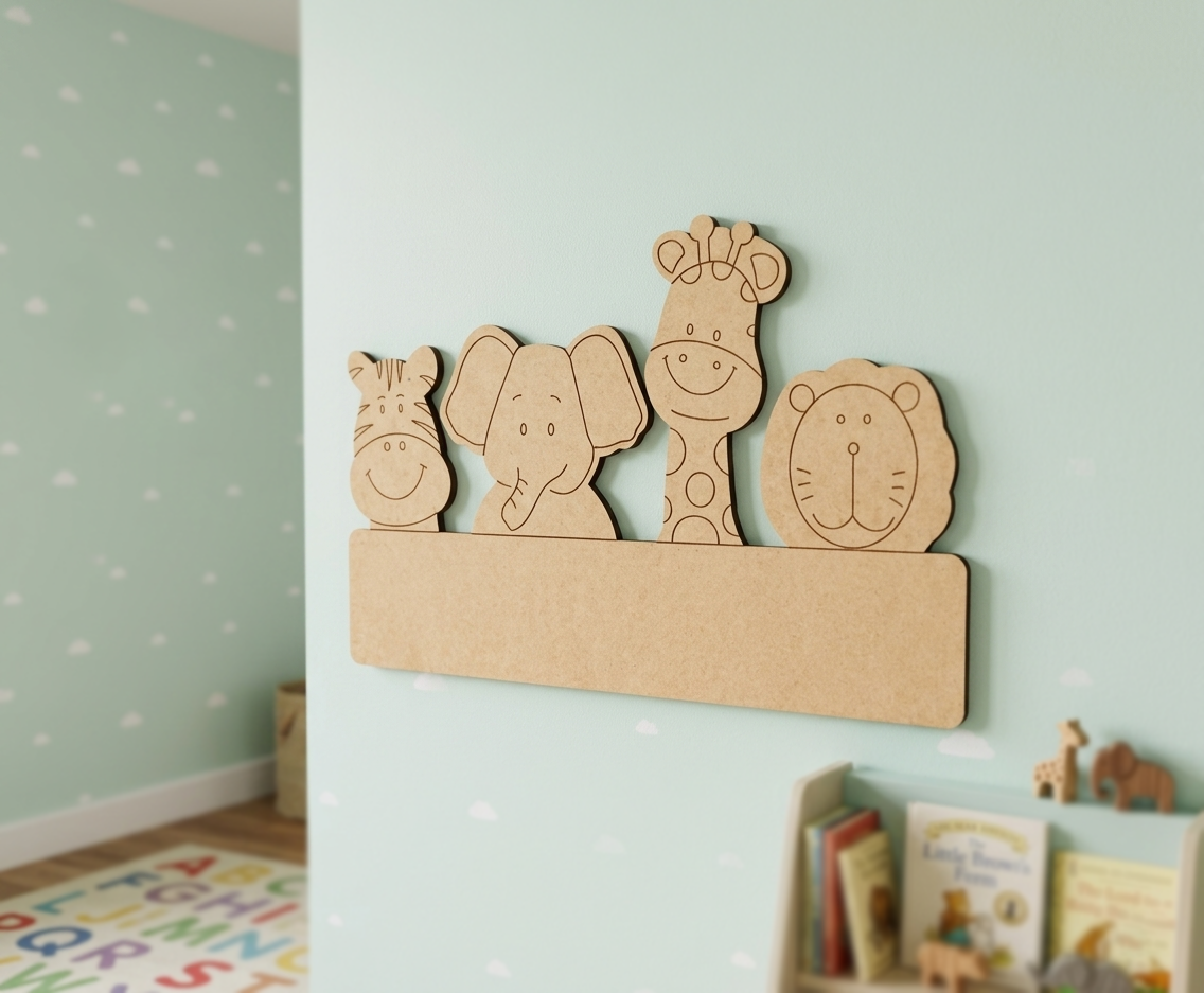 DIY MDF  wall decoration with animal shapes on a light blue wall.