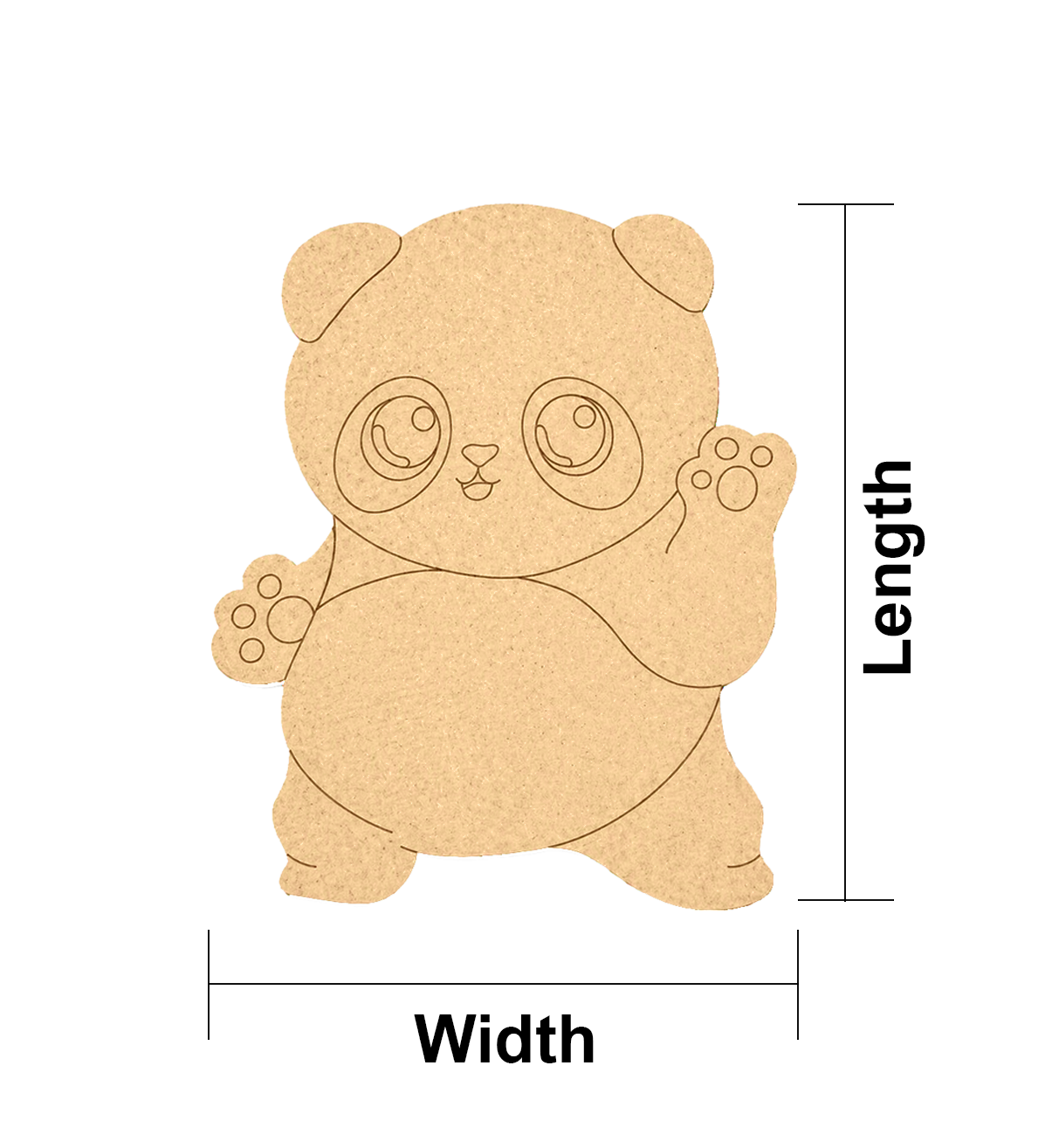 Measurement chart of a panda cutout with labeled length and width on a white background