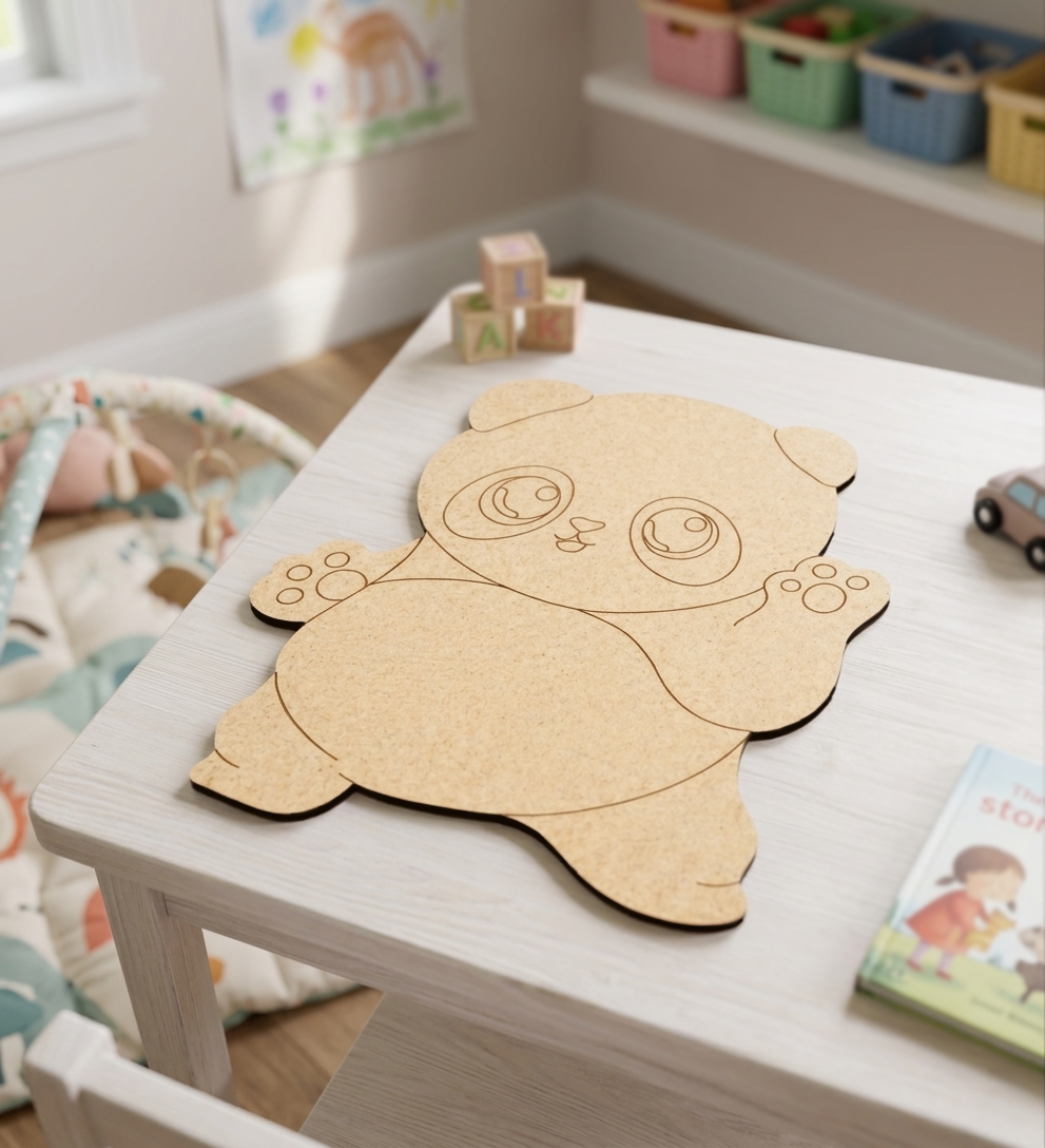 DIY MDF  panda cutout on a child's table with toys and books in the background