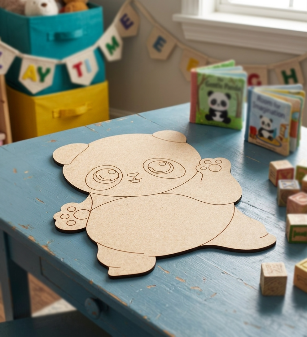 DIY MDF panda cutout on a blue table with children's books and blocks in the background