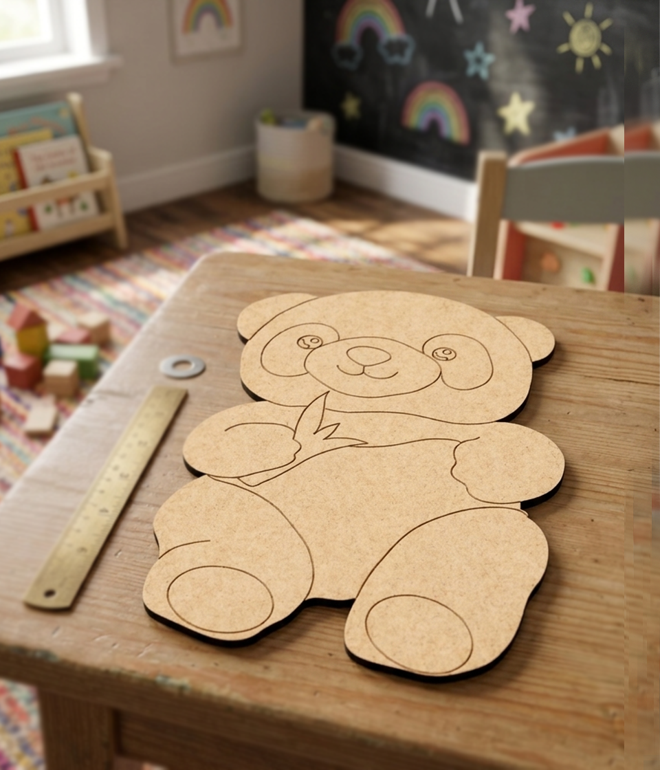 DIY MDF  panda cutout on a table with a ruler next to it in a child's playroom.