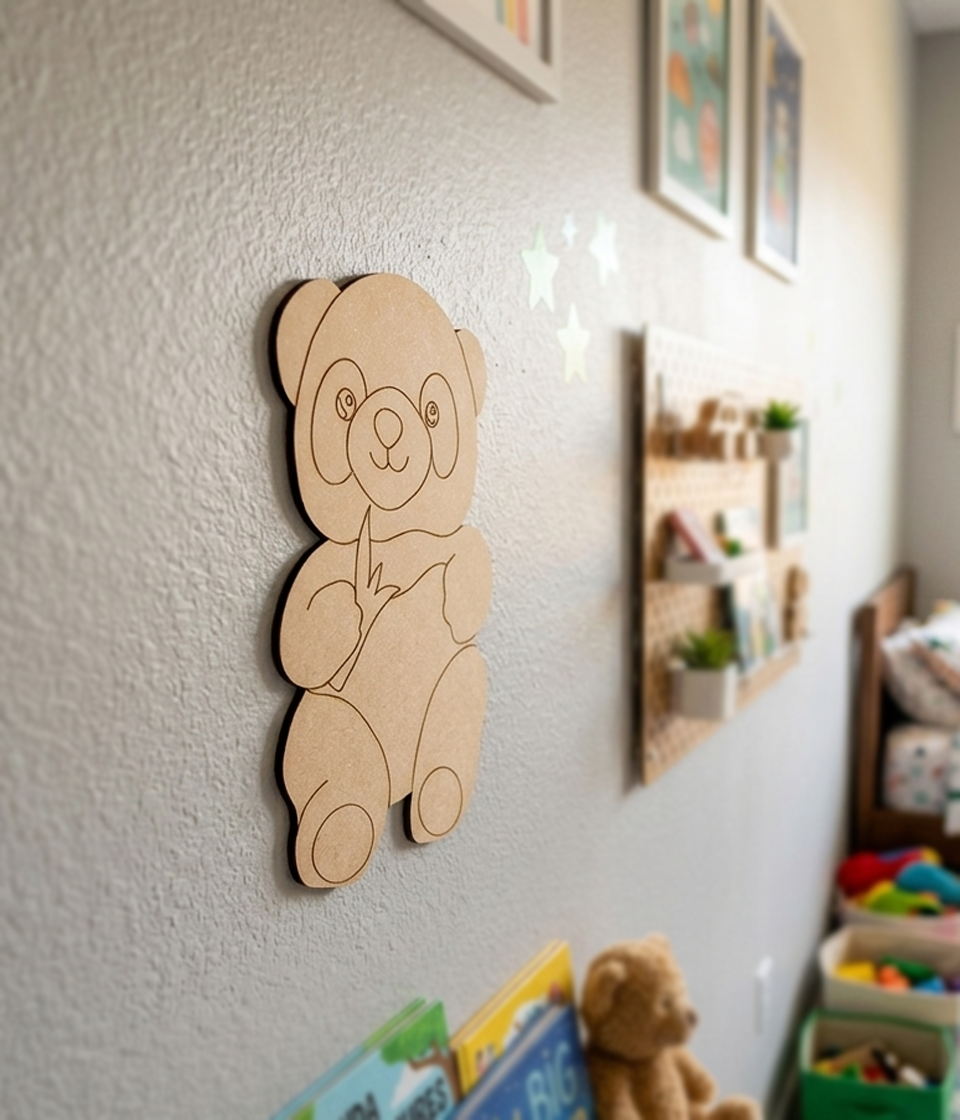 DIY MDF panda  decoration on a wall in a child's room with toys and books.