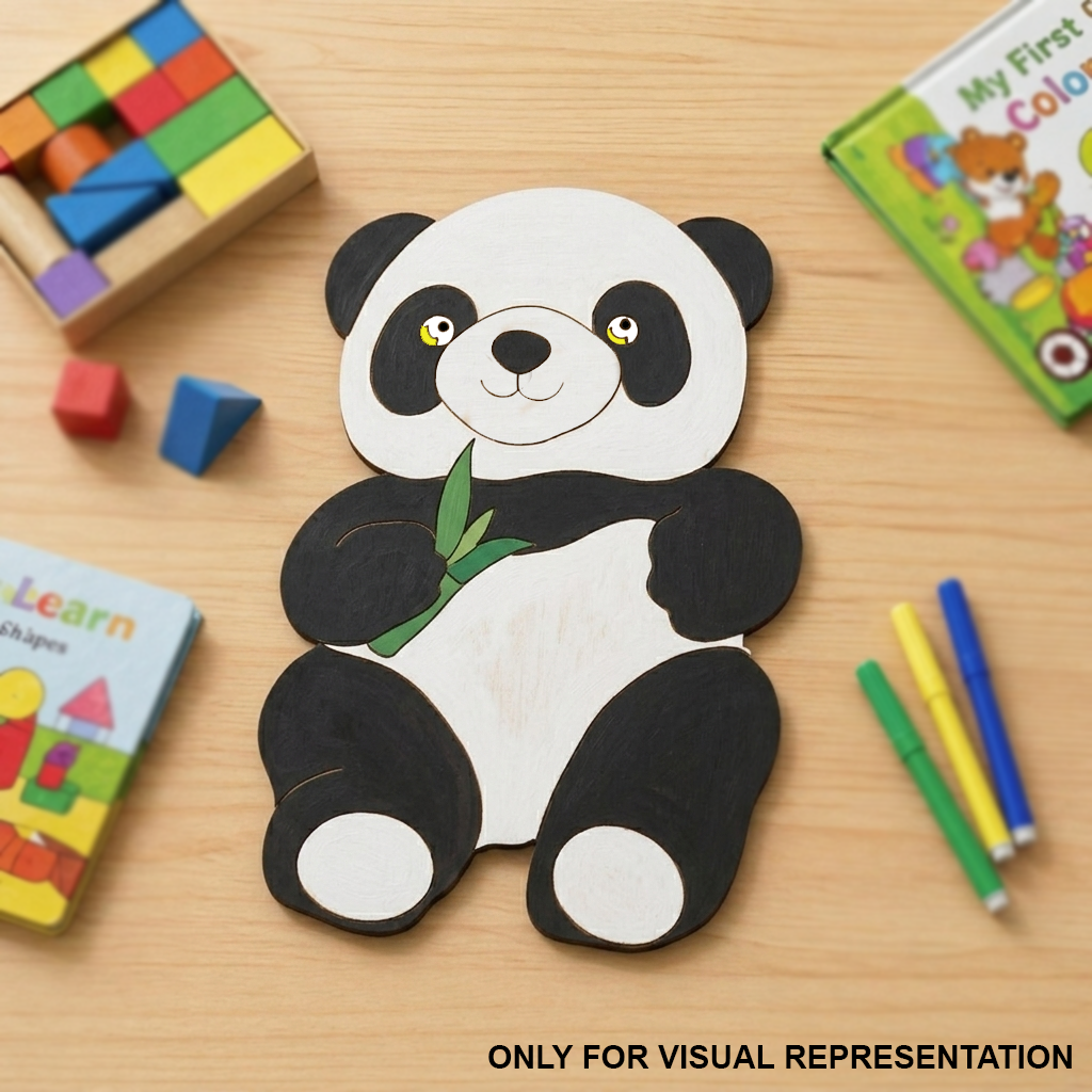 Children's craft DIY MDF panda with educational toys on a wooden surface