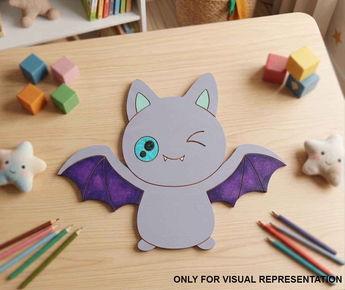 DIY MDF Children's craft project of a bat on a wooden table with colorful pencils and blocks.