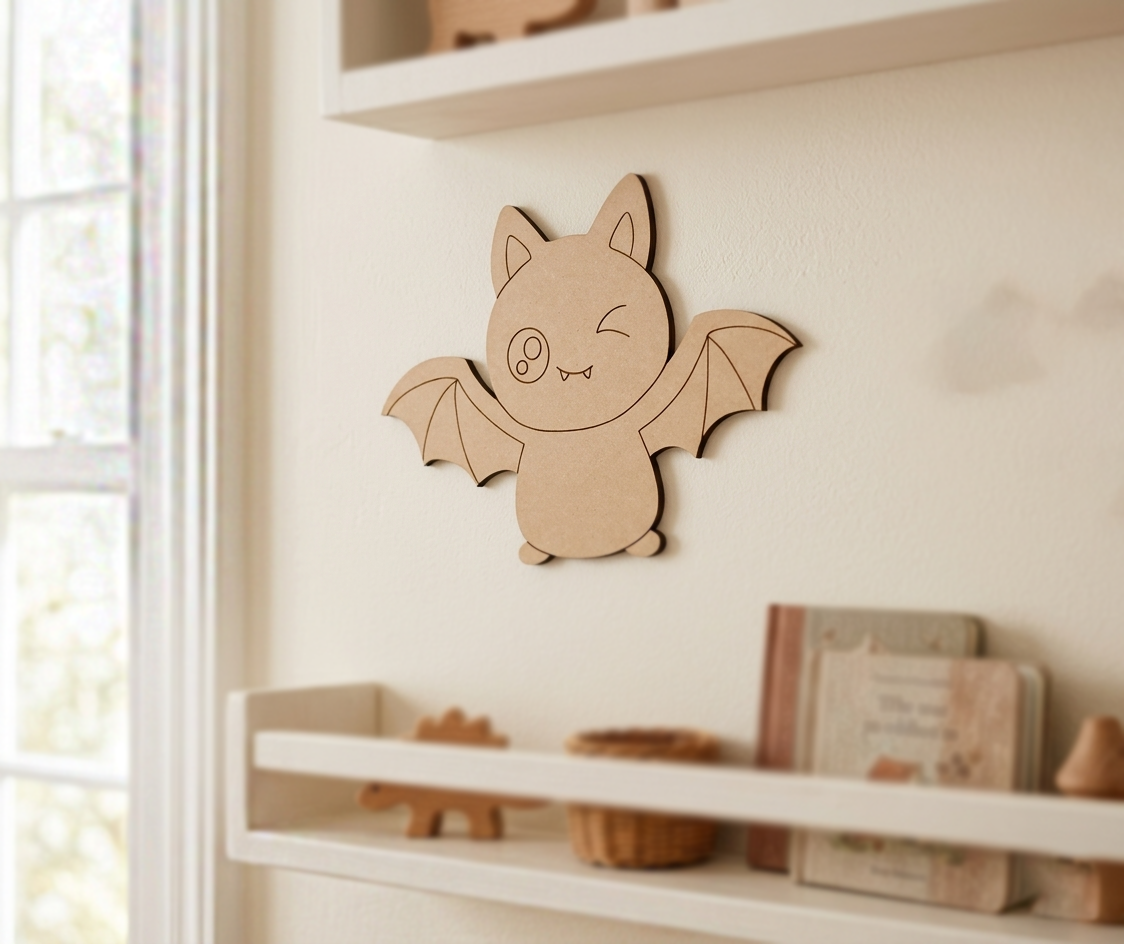 DIY MDF  bat wall decoration on a white wall with shelves below