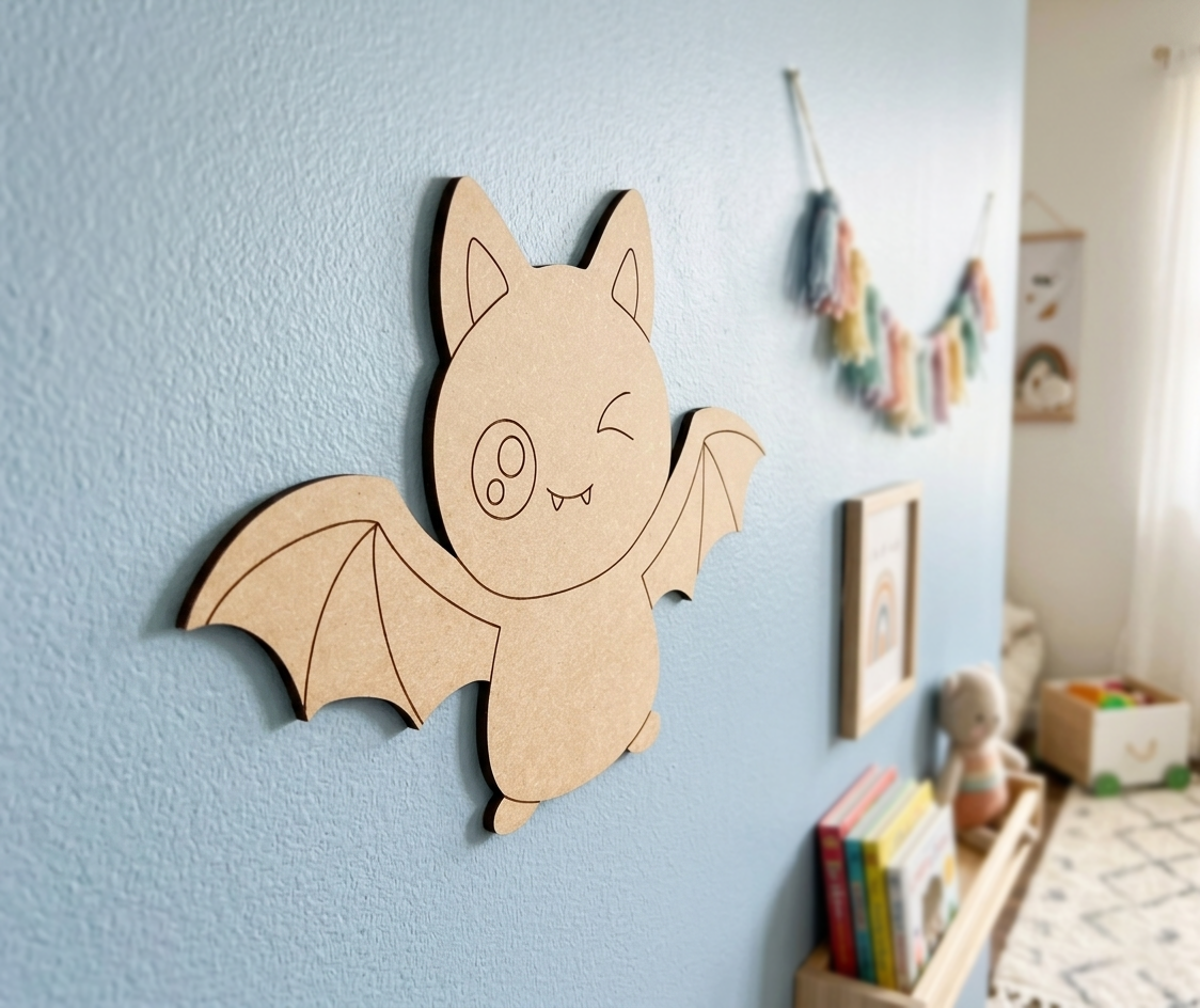 DIY MDF  bat cutout decoration on a blue wall in a child's room