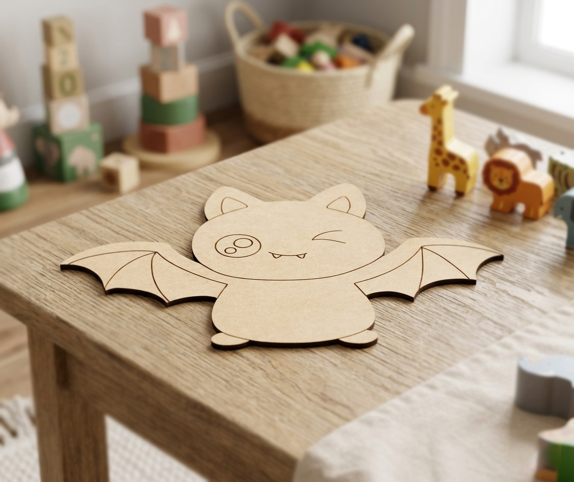 DIY MDF  bat-shaped cutout on a wooden table with toys in the background