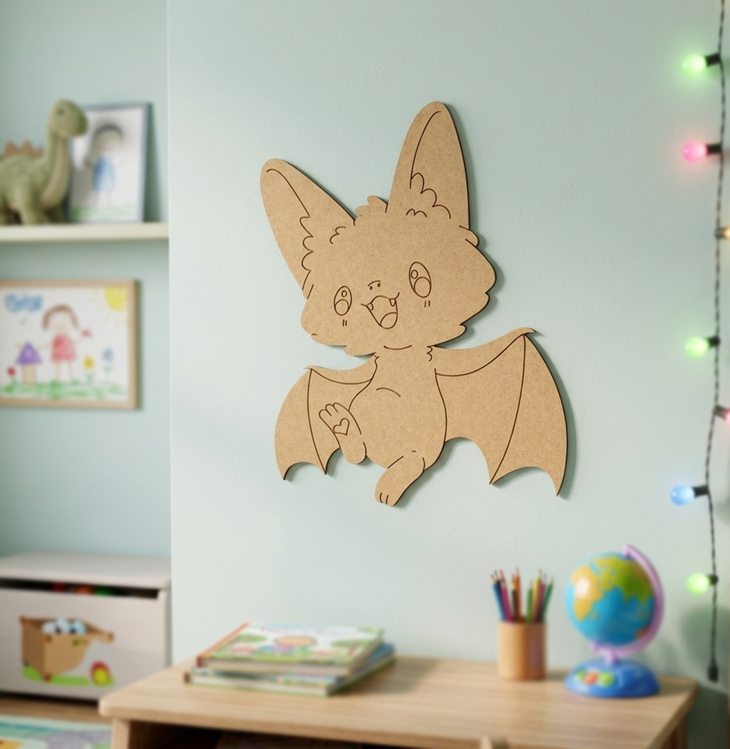 DIY MDF  bat-shaped wall decoration in a child's room with toys and books.
