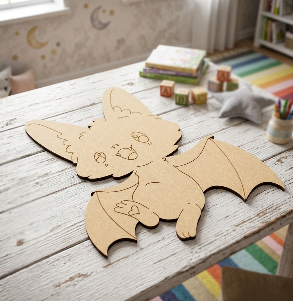 DIY MDF cutout of a cartoon character on a wooden table with a child's room in the background.