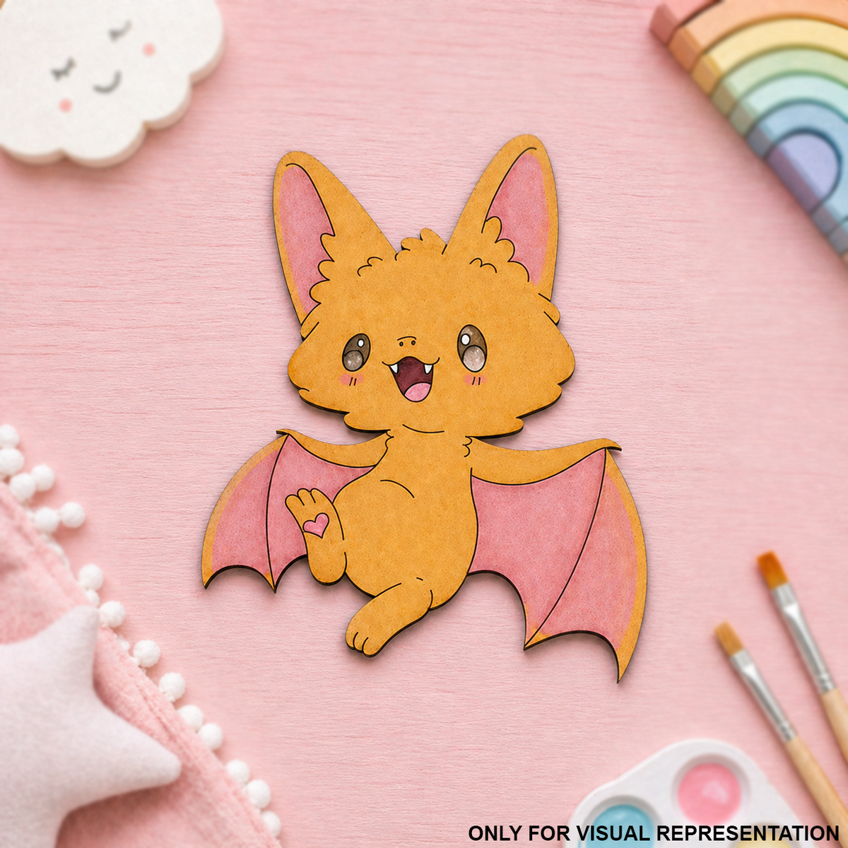 DIY MDF  Cartoon bat illustration on a pink background with crafting supplies.