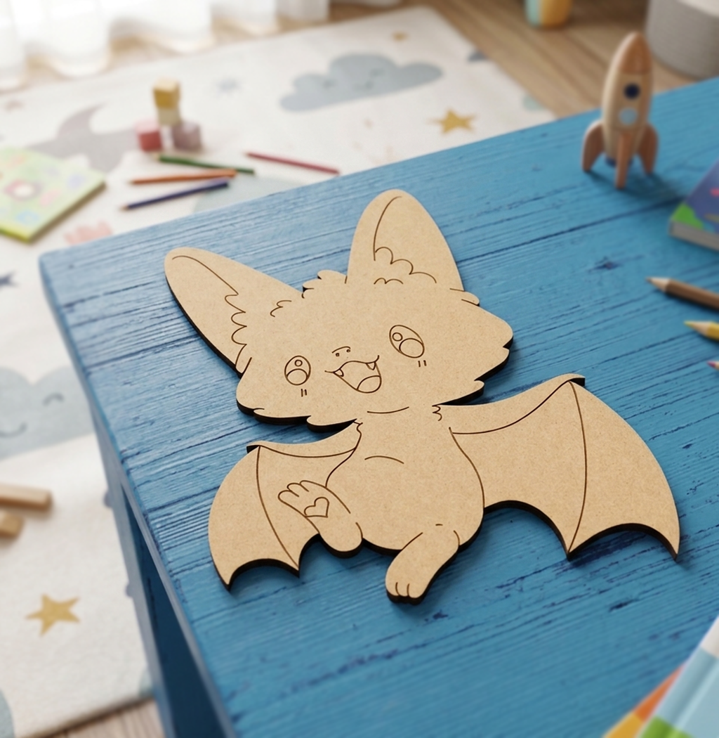 DIY MDF  bat-shaped craft on a blue table with colorful pencils and paper in the background