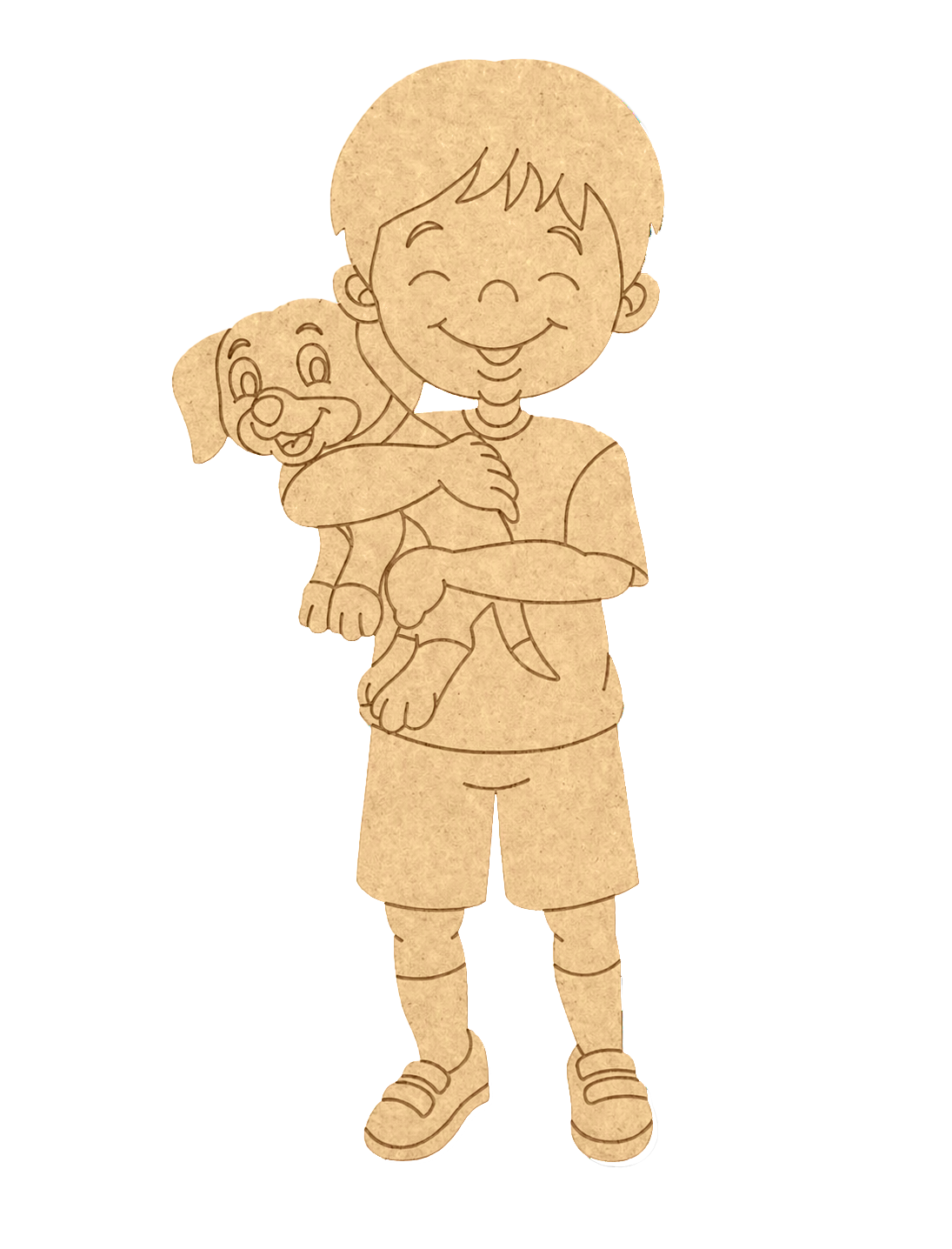 DIY MDF  cutout of a boy holding a dog on a white background