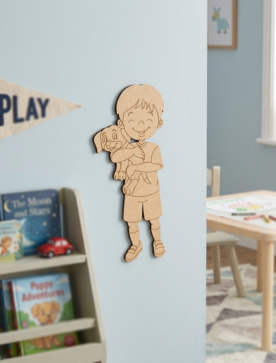 DIY MDF Boy with Puppy Wall Art Cutout