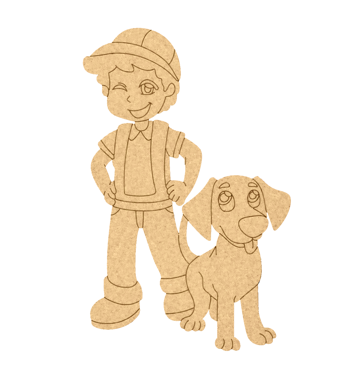 MDF DIY cutout of a boy and his dog on a white background