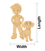 MDF DIY cutout of a boy and his dog with measurements on a white background