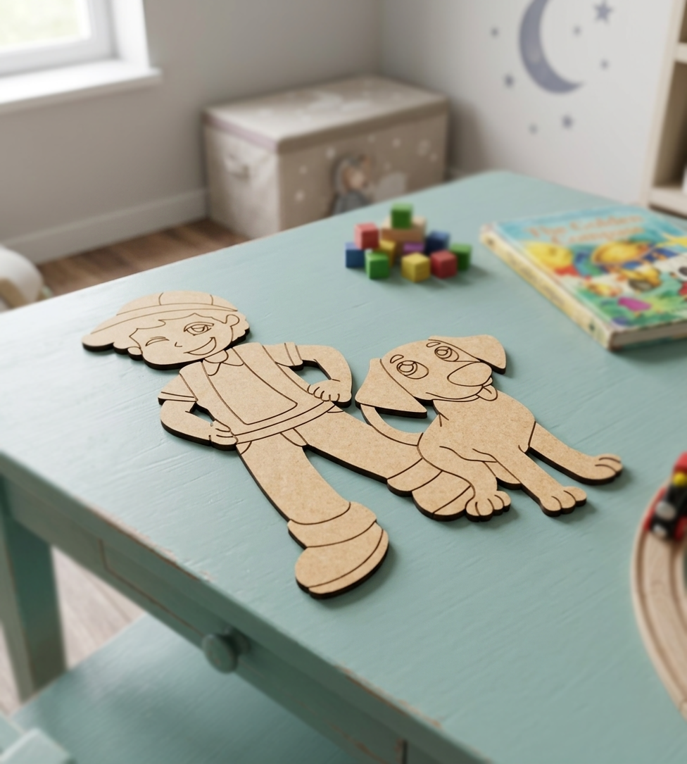 MDF DIY cutout of a boy and his dog on a table with toys in the background