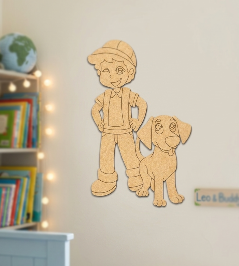 MDF DIY cutout of a boy and his dog on a wall with books and lights in the background