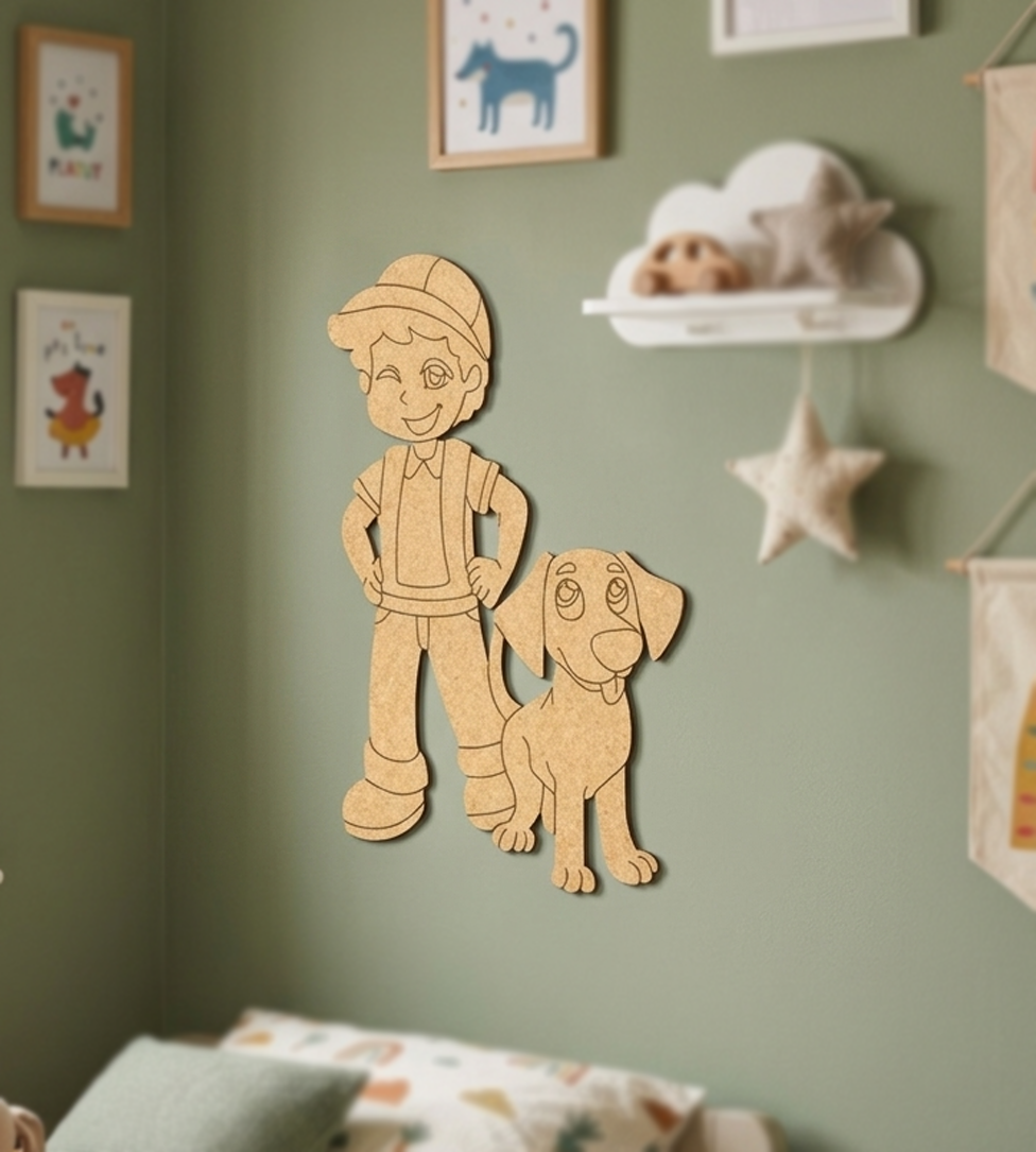 MDF DIY cutout of a boy and his dog on a green wall with decorative elements.