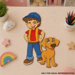 MDF DIY Cartoon boy with a blue cap and dog on a wooden surface with stationery items.