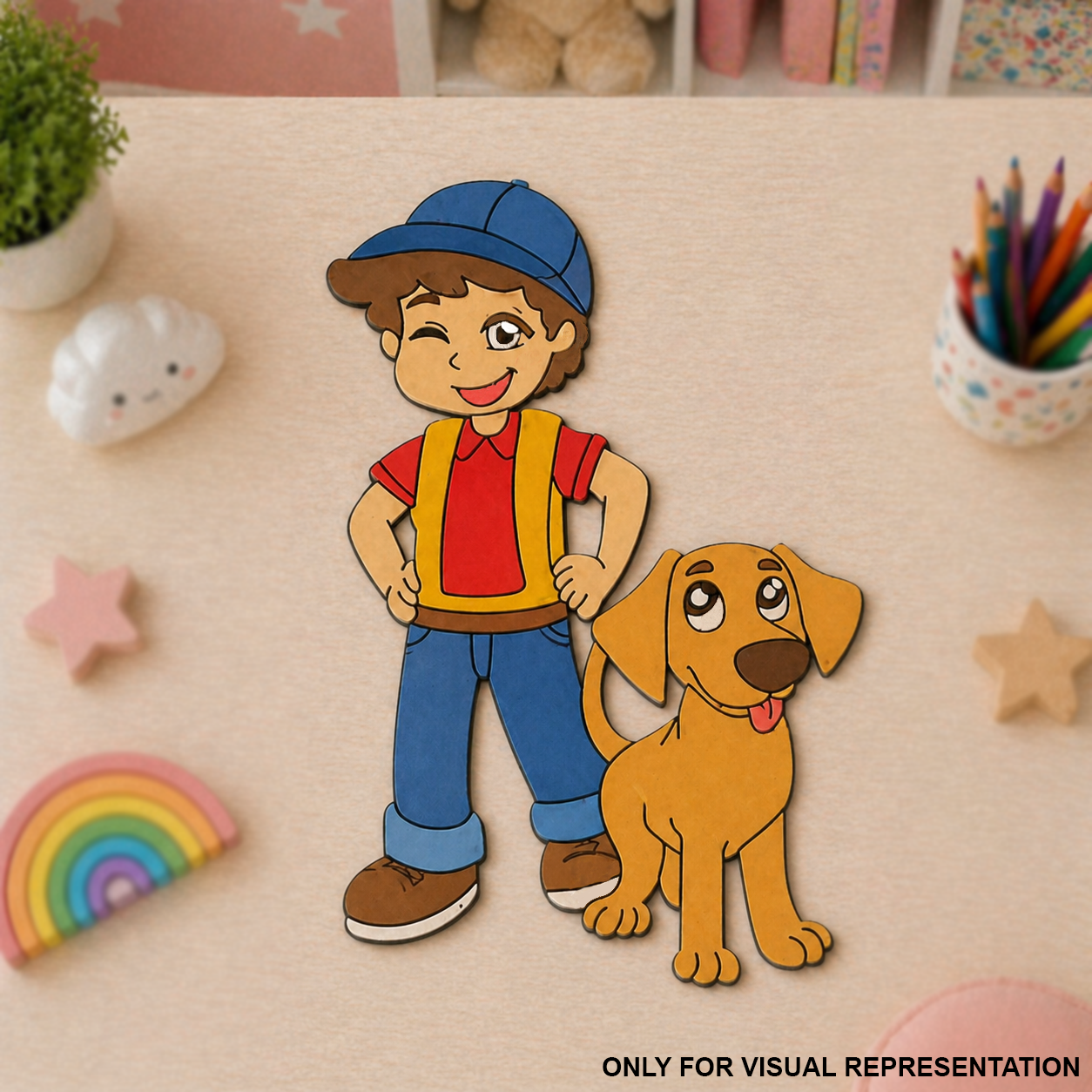 MDF DIY Cartoon boy with a blue cap and dog on a wooden surface with stationery items.