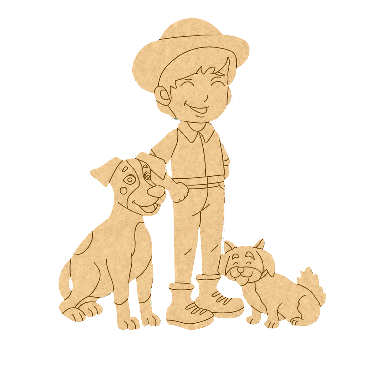 MDF DIY cutout of a boy with two dogs on a white background