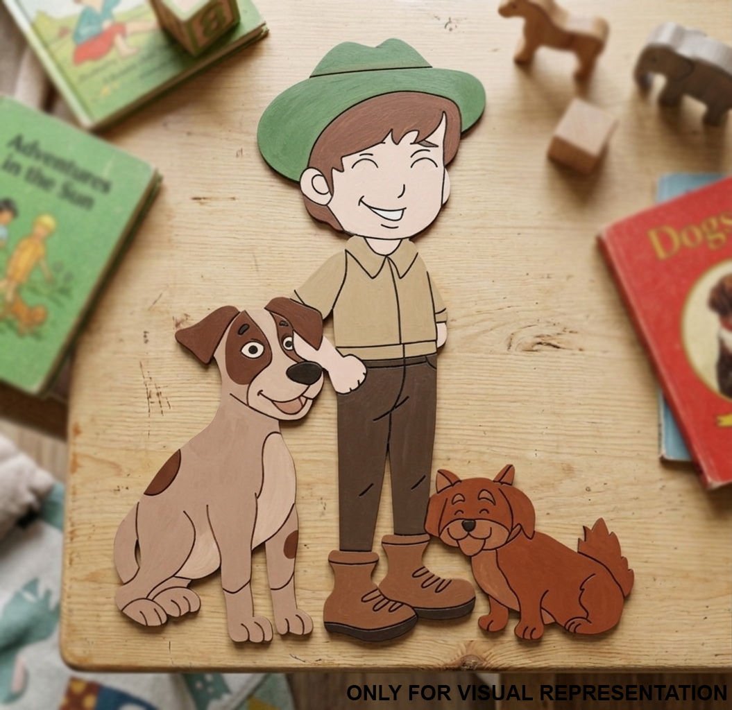 Children's MDF DIY cutouts of a boy with a dog and another animal on a wooden surface with books and toys.