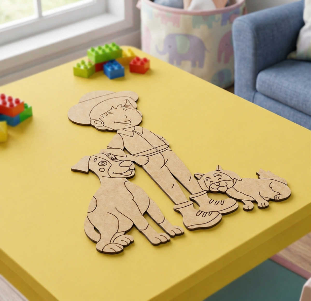 MDF DIY Cartoon cutout of a boy with two dogs on a yellow table with colorful building blocks in the background.