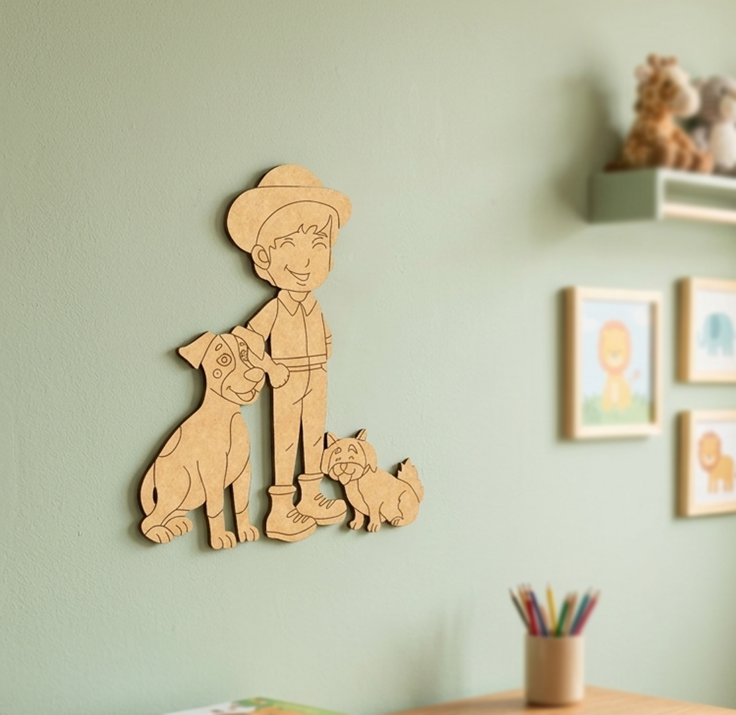 MDF DIY wall decoration of a boy with two dogs on a light green wall.