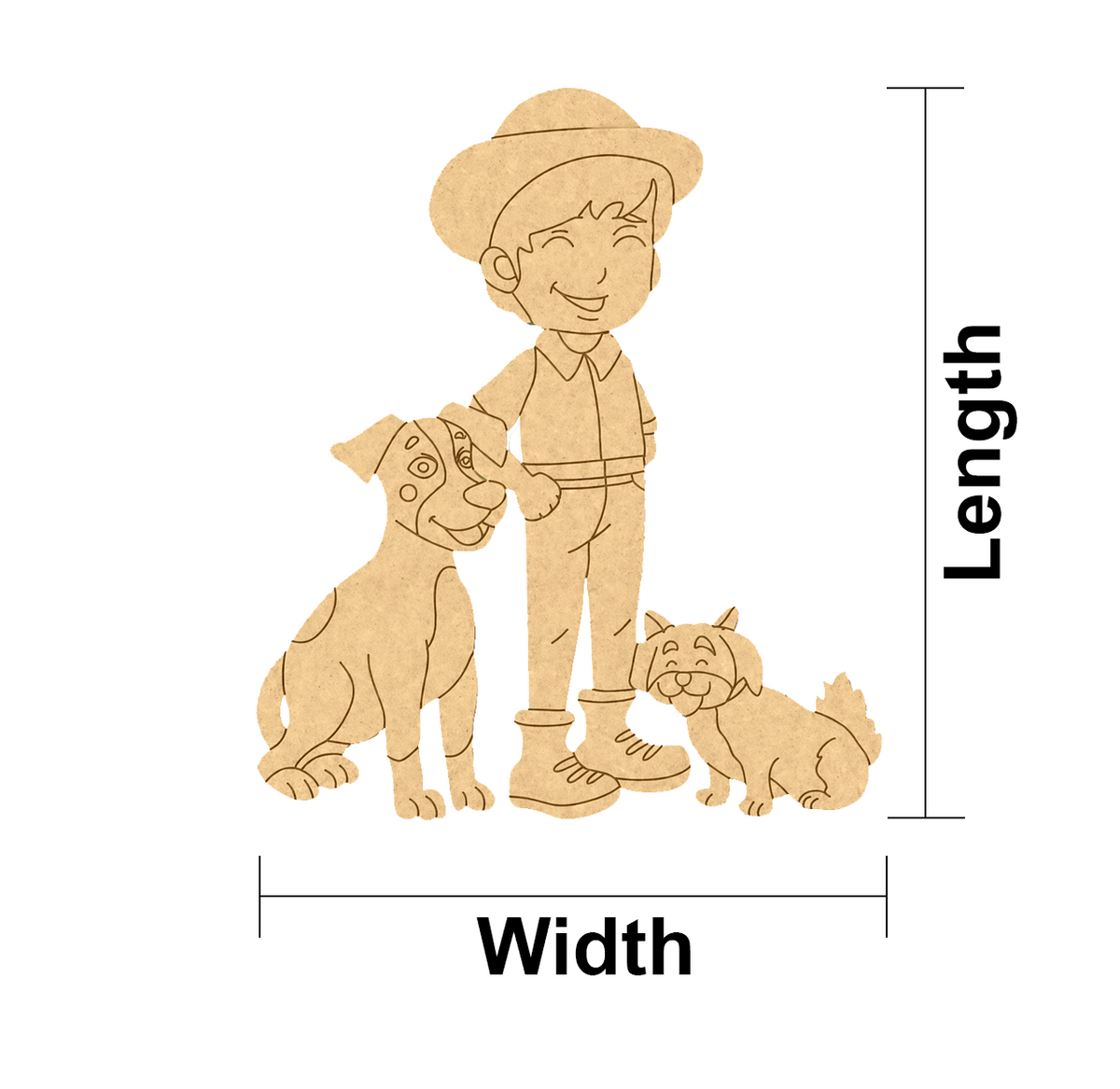 MDF DIY cutout of a boy with two dogs and measurement labels on a white background