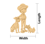 MDF DIY cutout of a boy with two dogs and measurement labels on a white background